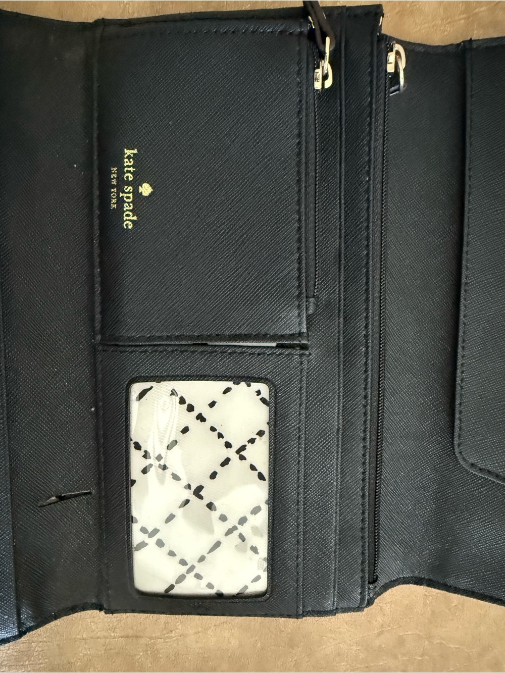 kate spade Black Saffiano Trifold Wallet with Gold Logo